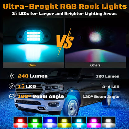 [LED Rock Lights] 8pcs And 4pcs - 15 LED/8 Pods Metal Alloy Upgraded LED Rock Lights, Suitable for Trucks, RGB LED Rock Lights with APP/Music Mode, Suitable for Jeeps, Trucks, UTVs, SUVs And Golf Carts, Neon Light Chassis Kits for Backlights, Car Accessor
