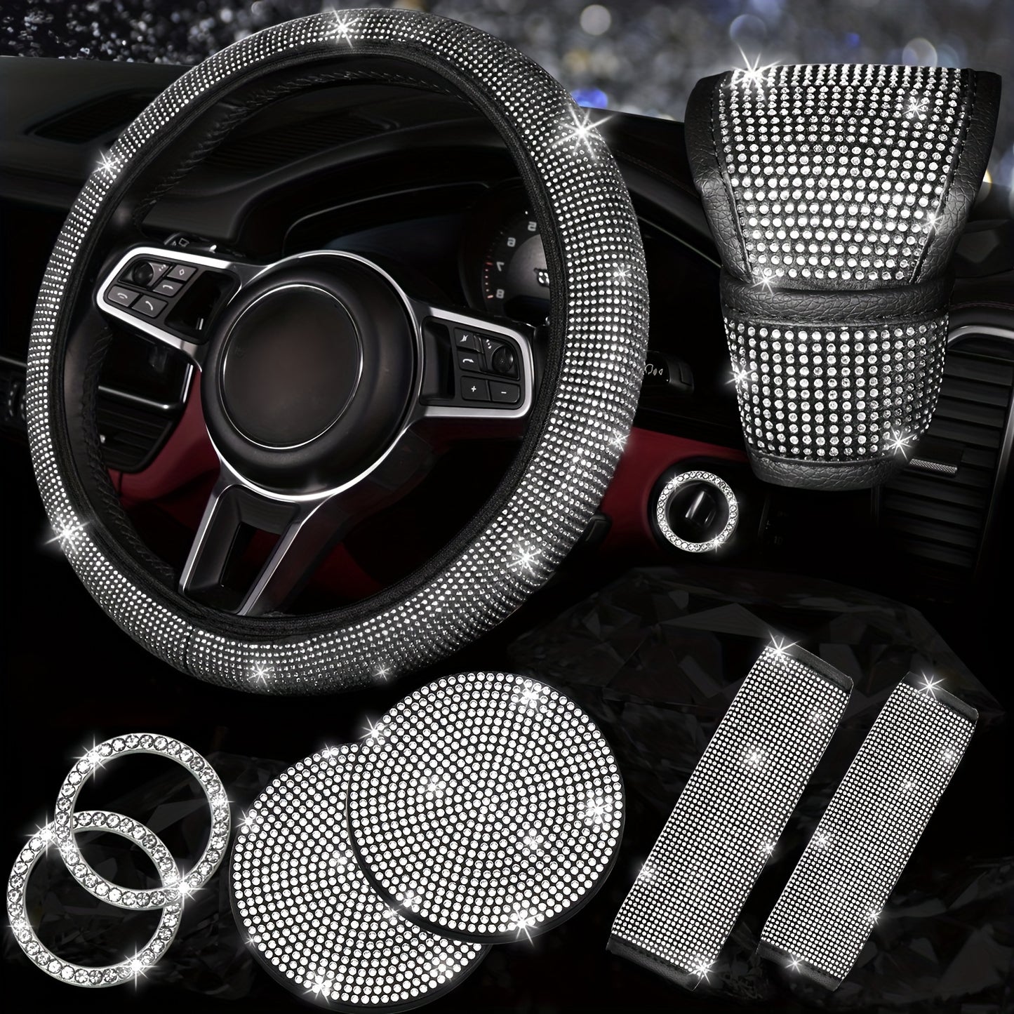Set of 8 Sparkly Car Additions for Women, Including a Glittery Steering Wheel Cover, Shiny Car Coasters, Belt Shoulder Pads, Ring Emblem Sticker, And Gear Shift Cover