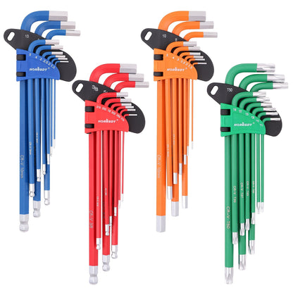HORUSDY Hex Key Allen Wrench Set Ball End Torx Key Metric (1.5mm-10mm) & SAE (1/16"-3/8") Industrial Grade with Color Coding with T-Handle for Bicycle Repair Household DIY Chrome Vanadium Steel