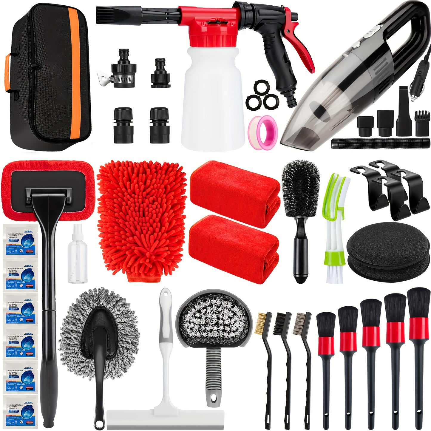 Complete Car Cleaning Set Featuring a Foam Gun Sprayer, Detailing Brushes, a Vacuum, a Windshield Cleaning Tool, a Tire Brush, And Towels for Thorough Interior And Exterior Detailing, Without Battery