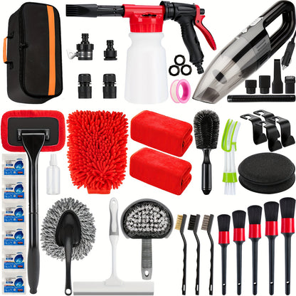 Complete Car Cleaning Set Featuring a Foam Gun Sprayer, Detailing Brushes, a Vacuum, a Windshield Cleaning Tool, a Tire Brush, And Towels for Thorough Interior And Exterior Detailing, Without Battery