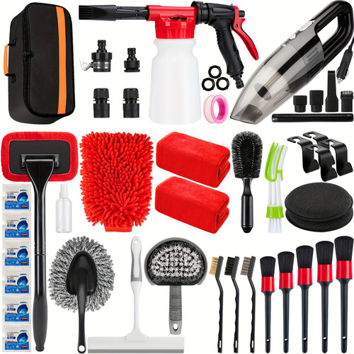 Complete Car Cleaning Set Featuring a Foam Gun Sprayer, Detailing Brushes, a Vacuum, a Windshield Cleaning Tool, a Tire Brush, And Towels for Thorough Interior And Exterior Detailing, Without Battery