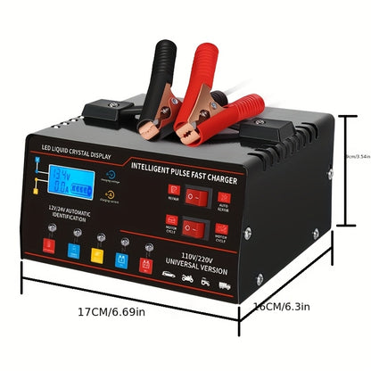 New Styles 12V 24V for smart Universal Battery Charger, LCD Screen, Pulse Repair Function, And Temperature Regulation Designed for Smart Trickle Charging Maintenance of Car, Truck, Harvester, Lawn Mower, Boat, And Motorcycle, Lead Acid Batteries