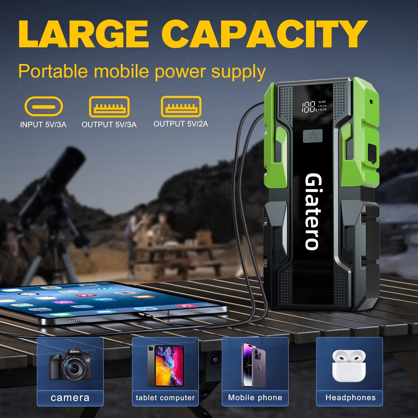 Portable Car Emergency Starter Power Supply, Equipped with an Air Compressor Tire Inflator, Suitable for Up to 3.7gal Gasoline Engines And 3.17gal Diesel Engines, And Specifically Designed for 12V Trucks And Cars As an Emergency Starter Power Supply