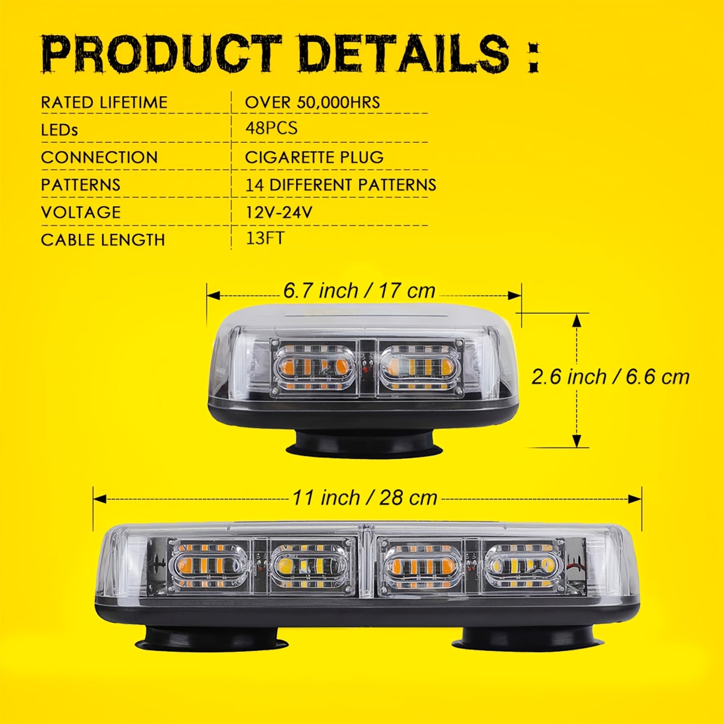 Mini Beacon Light Bar with 48 Leds And a Magnetic Base, Designed for High Visibility in Off-Road Work, Suitable for Snow Plow Trucks And Construction Vehicles - Amber And White Colors, Without Battery