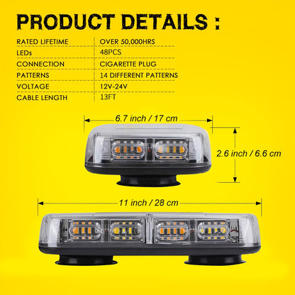 Mini Beacon Light Bar with 48 Leds And a Magnetic Base, Designed for High Visibility in Off-Road Work, Suitable for Snow Plow Trucks And Construction Vehicles - Amber And White Colors, Without Battery