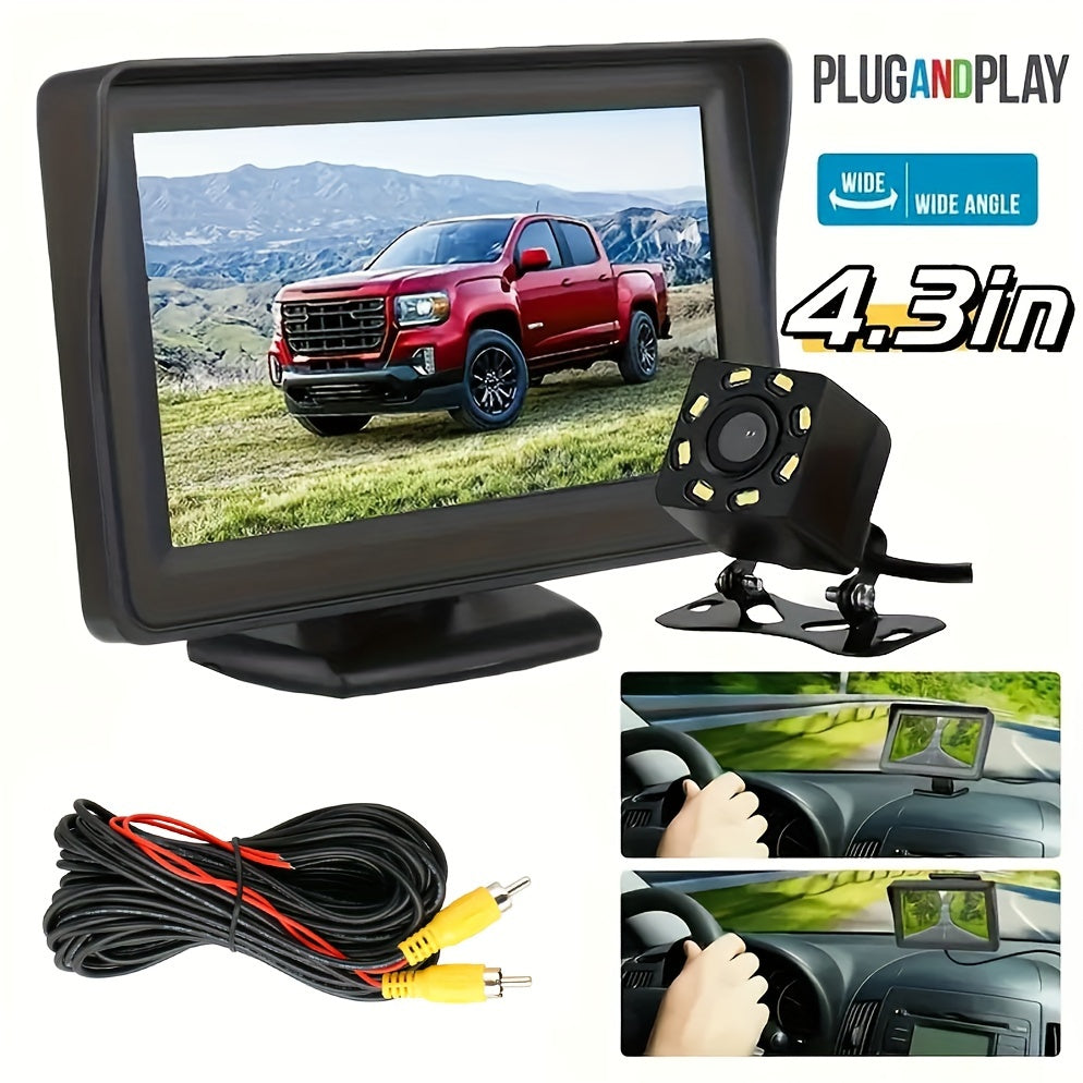 8 LED HD Reversing Camera Kit with 4.3 Inch Monitor | Backup Camera Car Rearview Mirror HD Parking System Night Vision, Wide Angle Lens, USB Charging, Video Resolution, No Battery - Perfect for Cars, Pickups, SUVs