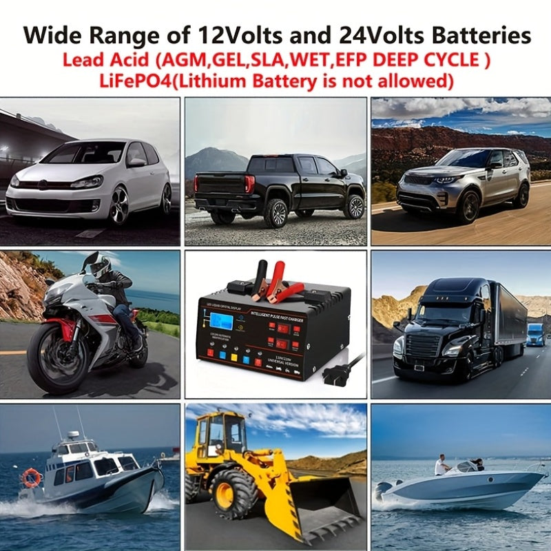 New Styles 12V 24V for smart Universal Battery Charger, LCD Screen, Pulse Repair Function, And Temperature Regulation Designed for Smart Trickle Charging Maintenance of Car, Truck, Harvester, Lawn Mower, Boat, And Motorcycle, Lead Acid Batteries
