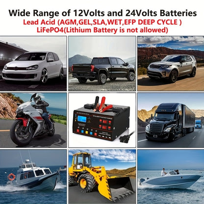 New Styles 12V 24V for smart Universal Battery Charger, LCD Screen, Pulse Repair Function, And Temperature Regulation Designed for Smart Trickle Charging Maintenance of Car, Truck, Harvester, Lawn Mower, Boat, And Motorcycle, Lead Acid Batteries