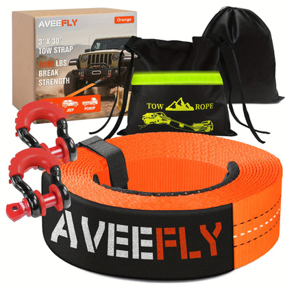 Heavy Duty Recovery Tow Strap, 4000/6000LBS Break Strength (3"x30'/2"x20'), Emergency Recovery Strap Tow Rope for Truck for JEEP ATV UTV Offroad 4x4 Use & More, Towing Strap with 2pcs D Ring Shackles, Reflective Safety Flag, Storage Bag