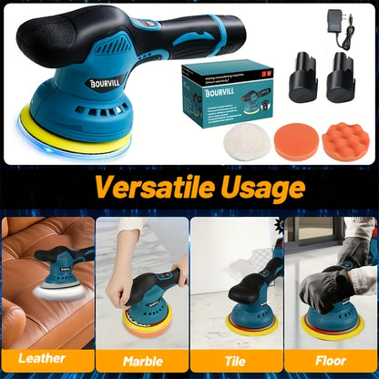 BOURVILL Cordless Car Polisher, Car Polishing Kit, with Battery, 8 Gears, up to 5000 RPM, 5-inch Grinding Screen Button, for Car Detailing/scratch Removal