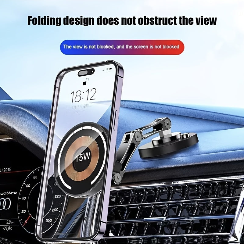 Magnetic Car Mount with 15W Fast Charging, 360° Rotation, Universal Compatibility, Foldable Stand, and Super Magnetic Attraction for Most Smartphones, Without Battery