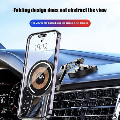 Magnetic Car Mount with 15W Fast Charging, 360° Rotation, Universal Compatibility, Foldable Stand, and Super Magnetic Attraction for Most Smartphones, Without Battery