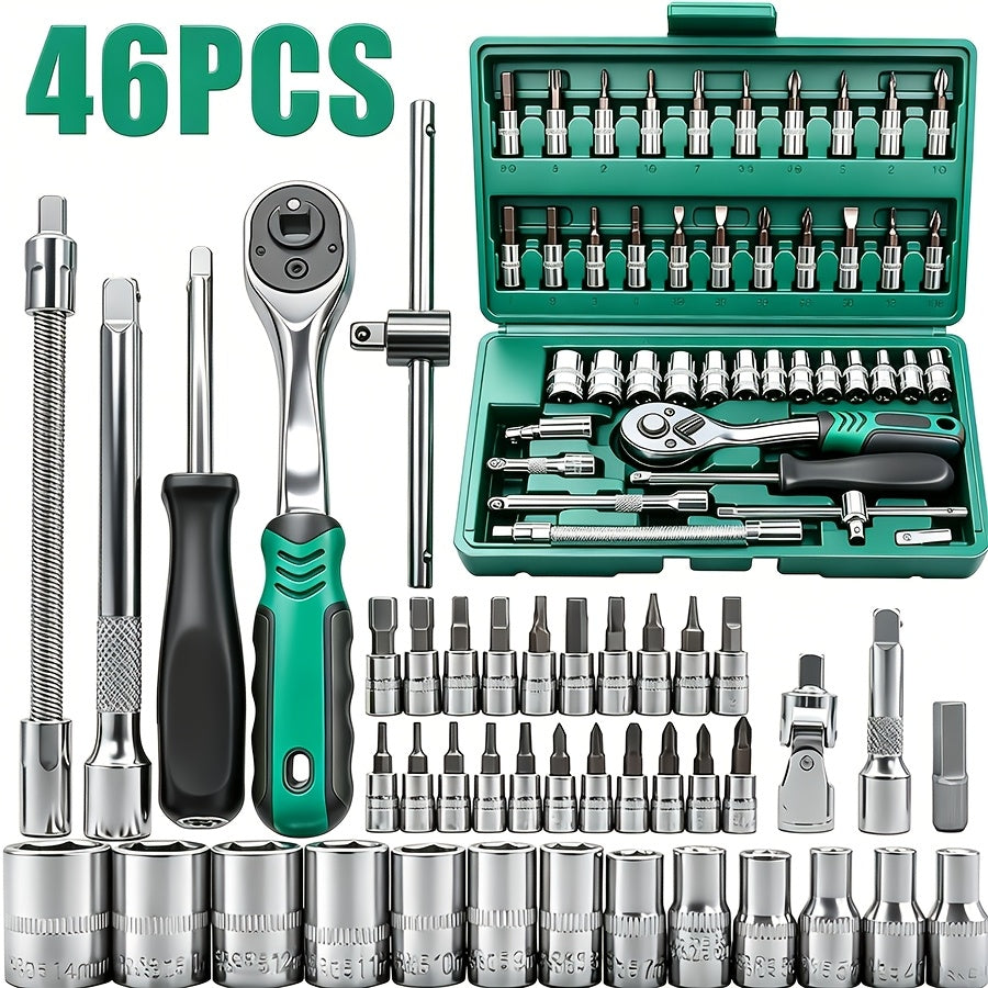 [48pcs Tool Set] Socket Wrench Set, 48pcs Tool Set - 1/2-inch Sockets, 46/51/129pcs with 1/4-inch Ratchet Wrenches, Including Extension Rods, Universal Slide Rail Extension Tubes, Containing 72-tooth Ratchet Wrenches, Suitable for Automotive Repair And Ho