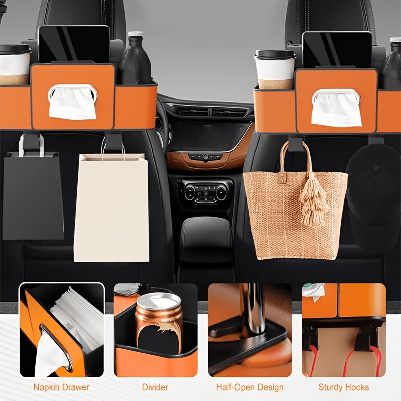 2-Pack Car Backseat Multi-Function Organizer, 8-in-1 Large Capacity With Napkin Drawer & Cup Holders, Hanging Storage Solves Car Clutter, Essential For Family Trips & Long Drives