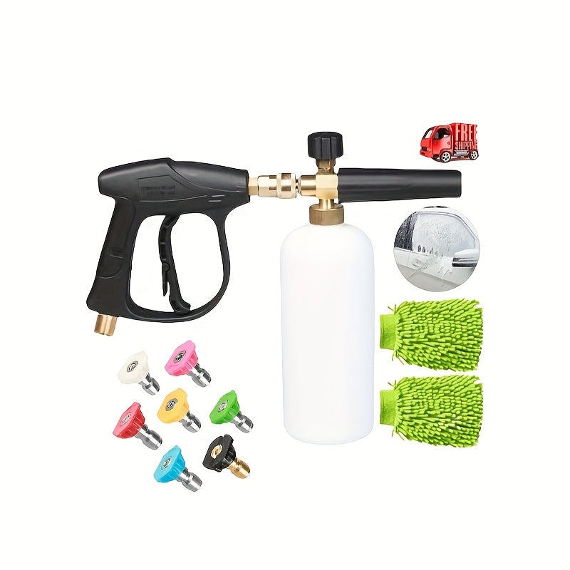 High Pressure Car Wash Foam Gun, M22-14 Thread, Heavy Duty Brass Neck with O-Ring Leak-Proof, 33.81oz Bottle, Multi-One Nozzle, Including Microfiber Washing Gloves, Easy to Connect for Quick Cleaning