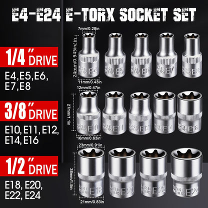 14pcs E-TORX Socket Set - Premium Star Torque Tools, 1/4", 3/8", 1/2" Drive, External Torx E4-E24 Sockets for All Vehicles, Fathers Day Gift