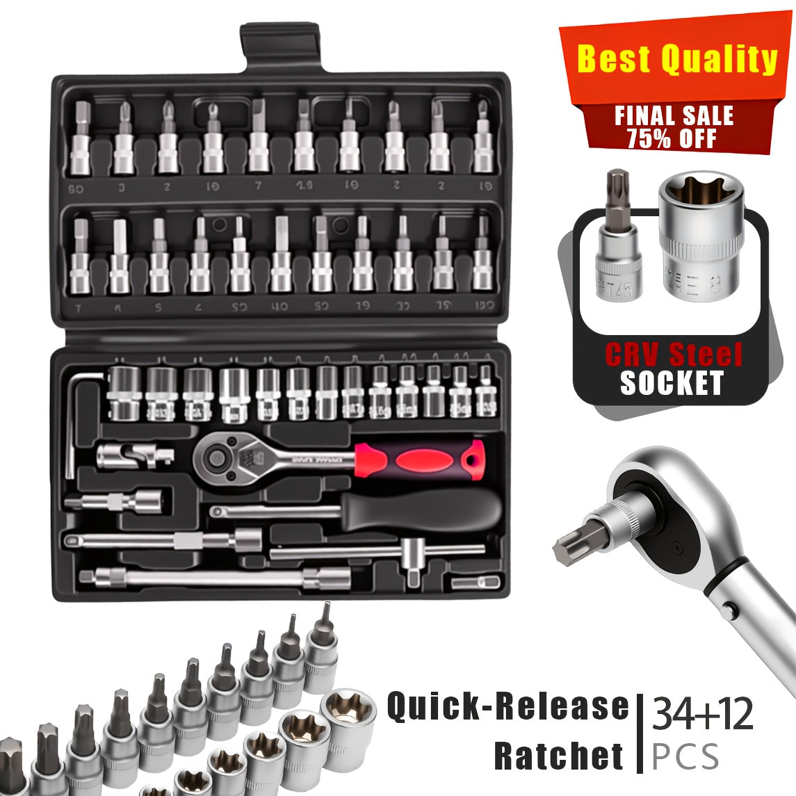 34/34+12pcs 3/8'' Drive Torx Star Bit Sockets CR-V E-Socket Set, E4-20, T10-60, Tamper Proof Set TT10-TT55, 5/16"F to 3/8"M Adapter with Storage Case,S2 Steel, Ideal for Car,Trucks,Home Improvement