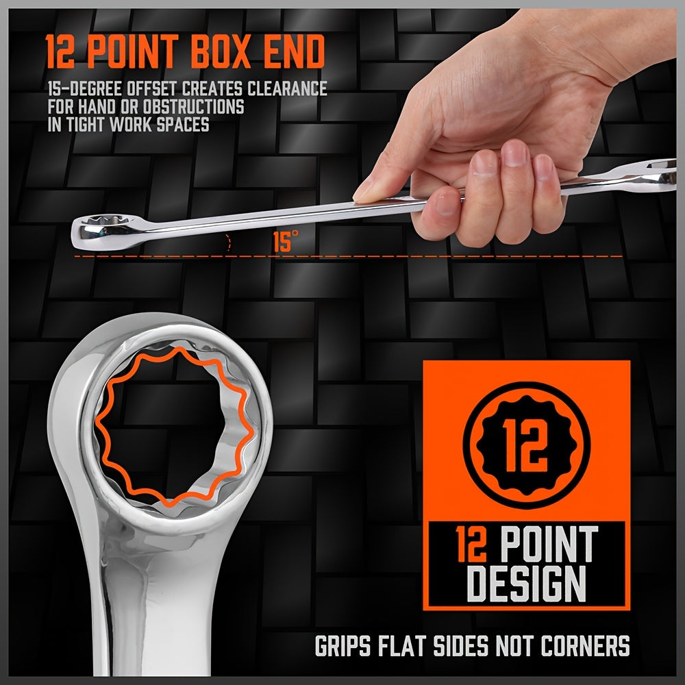 32pcs Combination Wrenches Featuring Both Box And Open Ends, Suitable for Standard Sizes in SAE And Metric Ranging from 1/4" to 1" And 7Mm to 22Mm, Made from Chrome Vanadium Steel And Comes with a Case