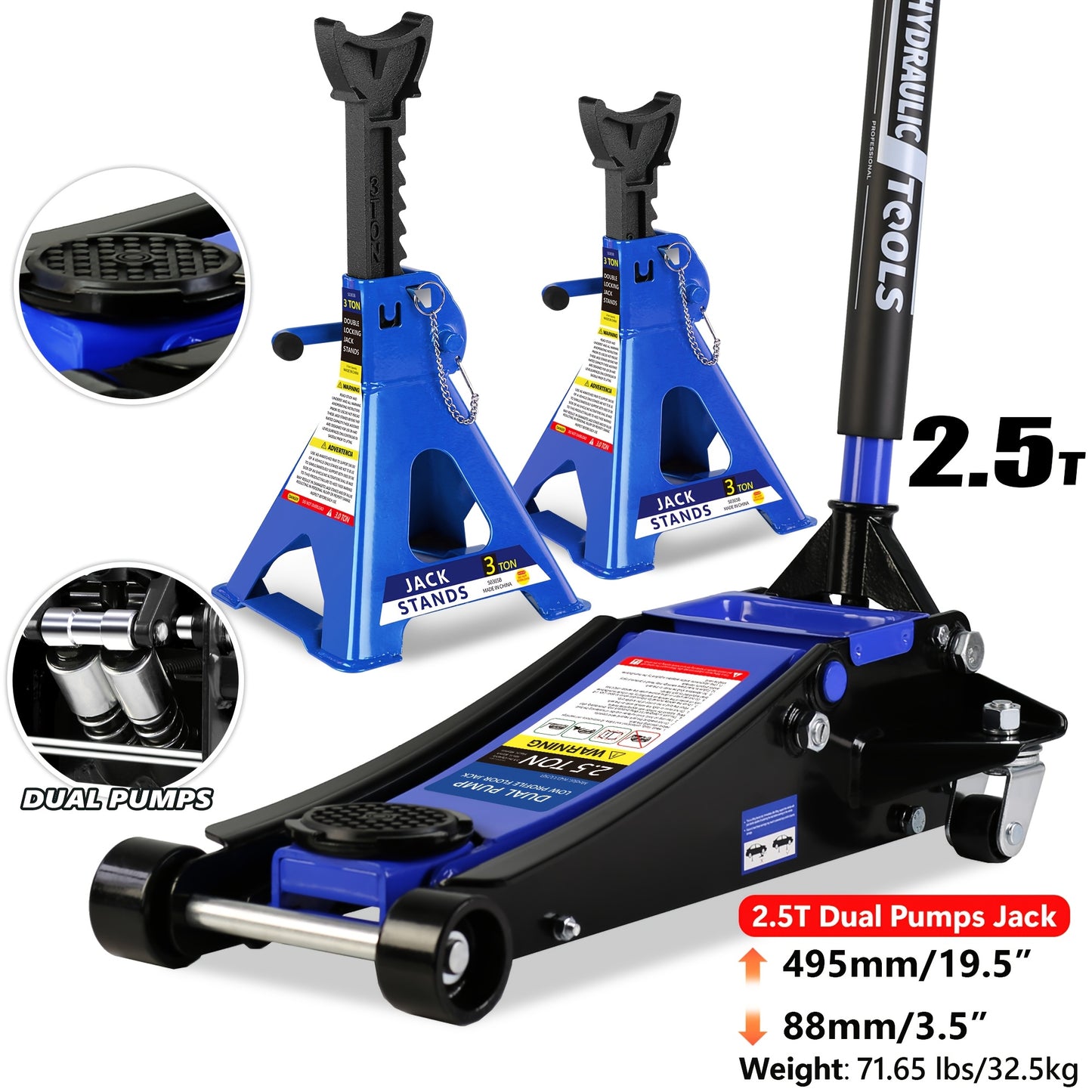 2/2.5/3 Ton Capacity, Jack Kit Low Profile Hydraulic Trolley Service/Floor Jack Combo, Multiple Meal Plans to Choose from 3 Ton Jack Stands 2PCS, Tire Repair Kit, 14-inch Wheel Cross Wrench, Wheel Chock, Jack Accessories Red/Blue