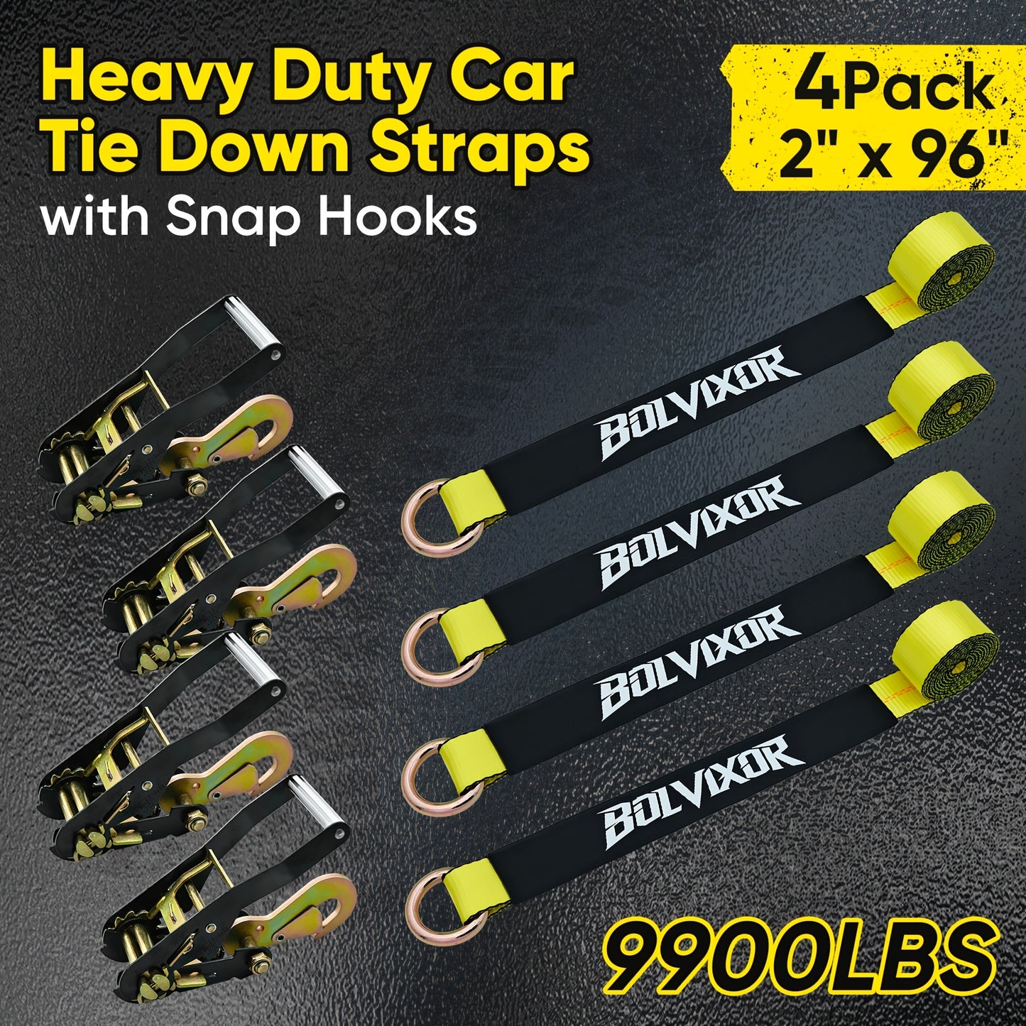 4pcs Heavy-Duty Trailer Tie Down Straps with Ratchet System & Snap Hooks - 9900LB Break Strength, 2"x96" Adjustable Wheel Straps with -Slip Design & Yellow Buckles - Fit for UTV, SUV, Truck, Cars, Trailers - All-Terrain Vehicle Transport (Steel/Poly