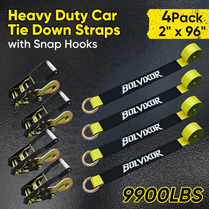 4pcs Heavy-Duty Trailer Tie Down Straps with Ratchet System & Snap Hooks - 9900LB Break Strength, 2"x96" Adjustable Wheel Straps with -Slip Design & Yellow Buckles - Fit for UTV, SUV, Truck, Cars, Trailers - All-Terrain Vehicle Transport (Steel/Poly