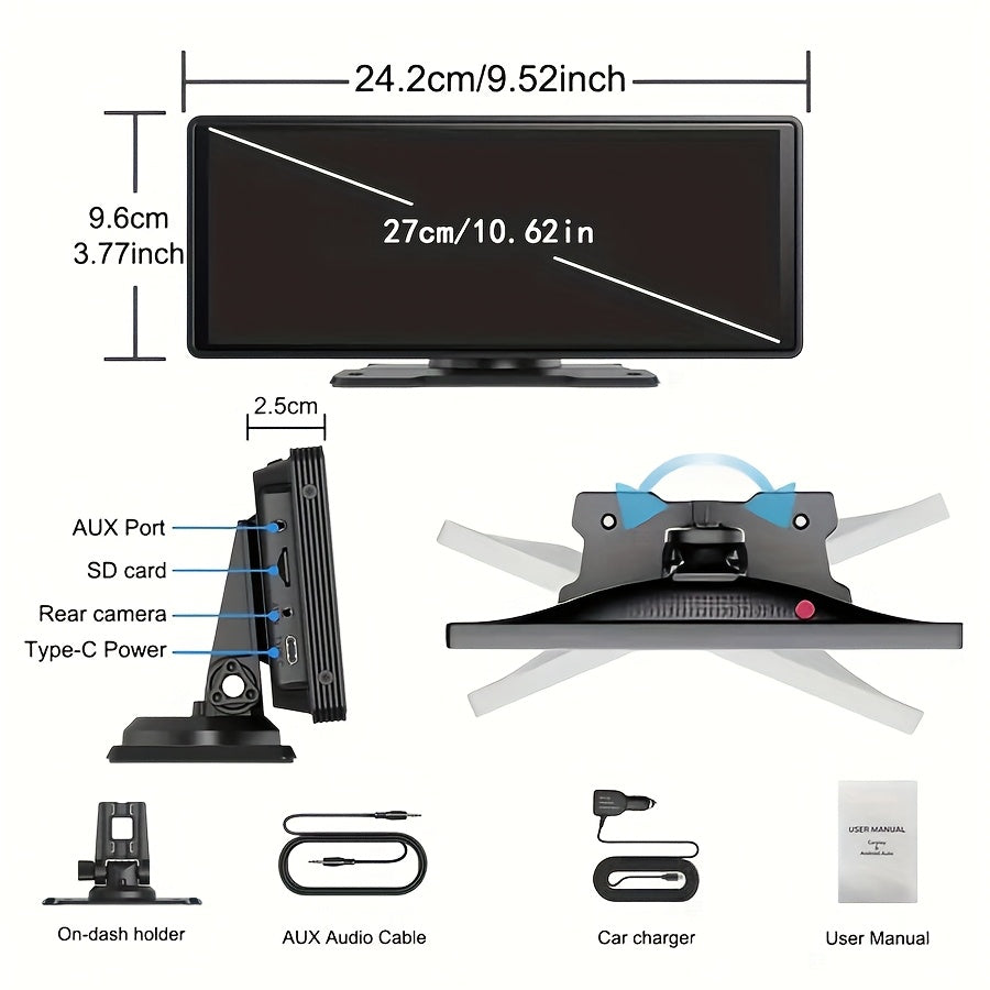 Introducing The Latest 10.26-Inch Wireless Car Display, Equipped with Integrated Car Audio, a Touchscreen Interface, a 720P HD Backup Camera, a Dashcam, Wireless Connectivity, GPS Navigation