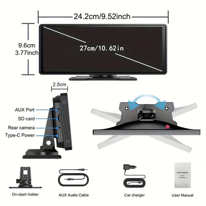 Introducing The Latest 10.26-Inch Wireless Car Display, Equipped with Integrated Car Audio, a Touchscreen Interface, a 720P HD Backup Camera, a Dashcam, Wireless Connectivity, GPS Navigation