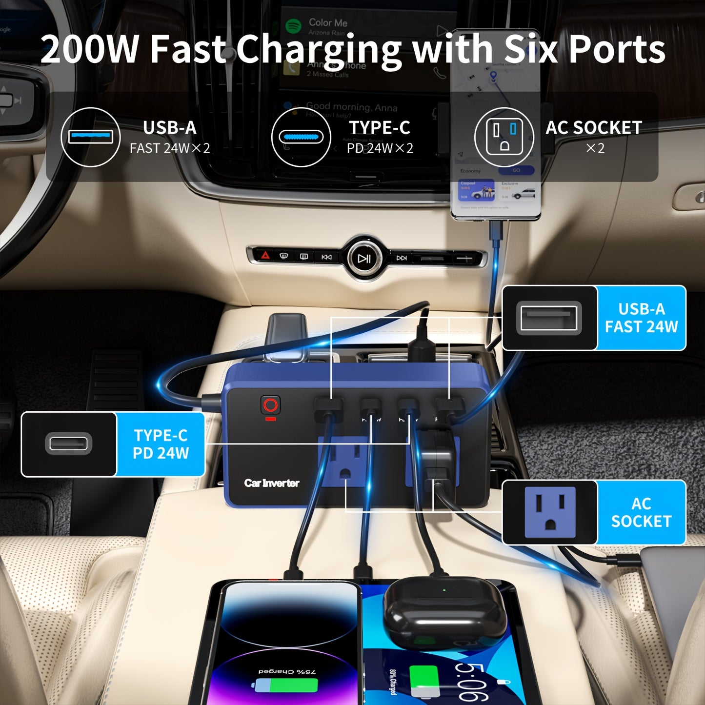 200W Car Inverter, DC 12V To 110V AC Power Inverters For Vehicles With PD 24W USB-C, Dual USB Ports And QC3.0 Fast Charging Ports Car Charger Adapter, Multi-protection Techniques, Car Tools, Good Gift, Without Battery
