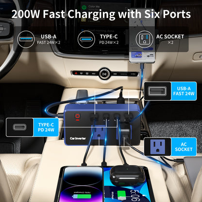 200W Car Inverter, DC 12V To 110V AC Power Inverters For Vehicles With PD 24W USB-C, Dual USB Ports And QC3.0 Fast Charging Ports Car Charger Adapter, Multi-protection Techniques, Car Tools, Good Gift, Without Battery