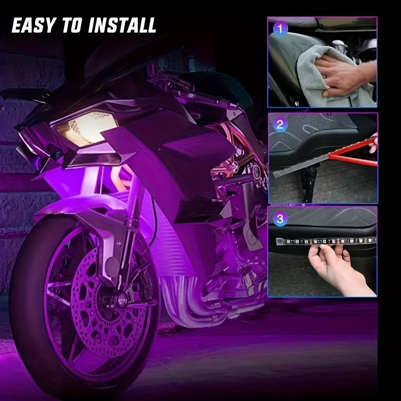 The RGB Motorcycle Light Strip Features Six Installation Points, Operates on 12V, And Includes a Mobile App And Sound Effects, Making It a 6-In-1 Decorative Atmosphere Light for Motorcycles, Without Battery