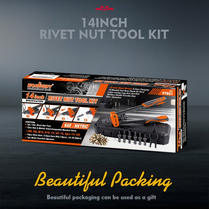 HORUSDY Rivet Nuts Tool, 14" Hand Rivet With 7 Metric & Inch Mandrels, 70pcs Rivet Nuts And Rugged Carrying Case, M6 M8 M10 1/4-20 5/16-18 3/8-16