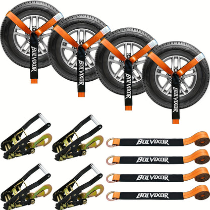 4pcs Heavy-Duty Trailer Tie Down Straps with Ratchet System & Snap Hooks - 9900LB Break Strength, 2"x96" Adjustable Wheel Straps with -Slip Design & Yellow Buckles - Fit for UTV, SUV, Truck, Cars, Trailers - All-Terrain Vehicle Transport (Steel/Poly