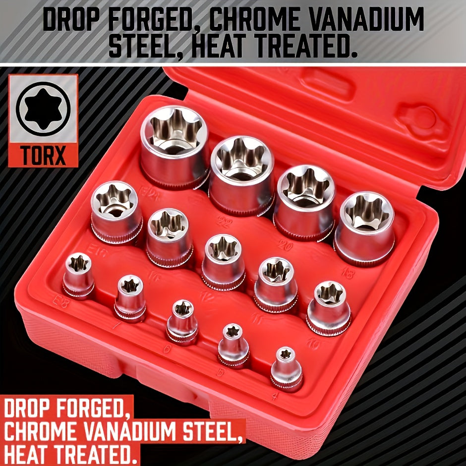 14pcs E-TORX Socket Set - Premium Star Torque Tools, 1/4", 3/8", 1/2" Drive, External Torx E4-E24 Sockets for All Vehicles, Fathers Day Gift
