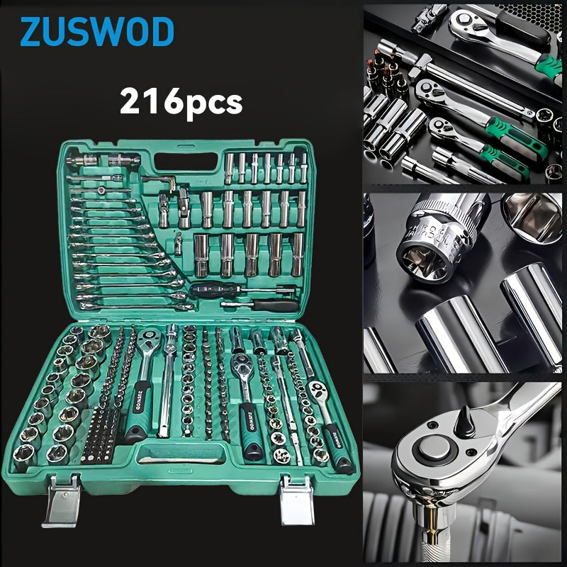 High End Professional 216 Tool Set, 1/4" 3/8" 1/2" Drive Depth And Standard Sleeves, Ratchet Wrench Set, S2 And CR-V Sleeves, Automotive Parts Repair Quick Ratchet Wrench And Other Automotive Repair Parts, Professional Racing Grade Repair Tool Set