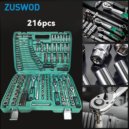 High End Professional 216 Tool Set, 1/4" 3/8" 1/2" Drive Depth And Standard Sleeves, Ratchet Wrench Set, S2 And CR-V Sleeves, Automotive Parts Repair Quick Ratchet Wrench And Other Automotive Repair Parts, Professional Racing Grade Repair Tool Set