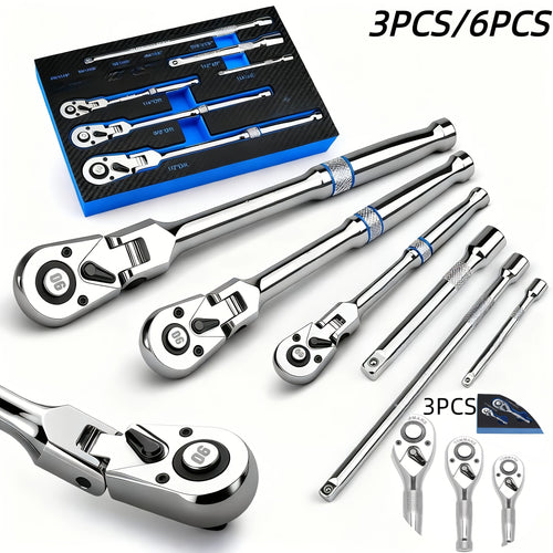 6pcs/3pcs Twist Head Ratchet Set, 1/4", 3/8", 1/2" Drive, Twist Head Ratchet Wrench with Extension Bar, 72 Teeth, 180° Adjustable, Quick Release, Flexible Ratchet Handle with EVA Foam.