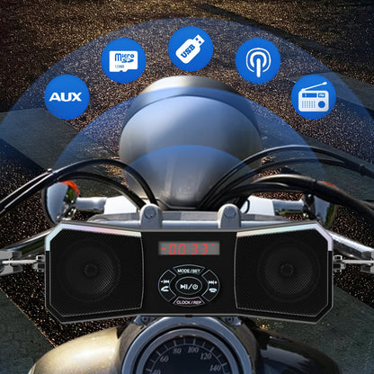 Korbros Handlebar Mount Stereo Wireless Motorcycle Speakers, MP3 Music Player Audio Amplifier, AUX-in, USB, FM Radio, 12V, Room Electrical/Hard Wiring, Button Control, Off-road-motorcycles, Without Battery