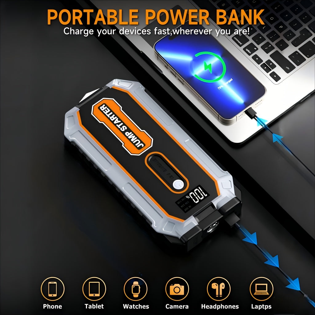 6000A Peak All-in-One Heavy-Duty Jump Starter with USB Ports & LED Flashlight - 12V Lithium-Ion Fast-Charging Portable Power Bank, Compact & Portable with Safety Hammer, 12V for Cars, SUVs, Trucks, Motorcycles, Boats, RVs, ATVs, Emergency Use