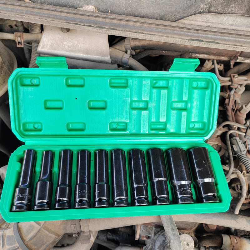 1/2-Inch Deep Impact Socket Set with Sturdy Green Storage Case, Pneumatic& Electric Drill Compatible, Ideal for Tire Removal, Mechanical Repair& Auto Maintenance
