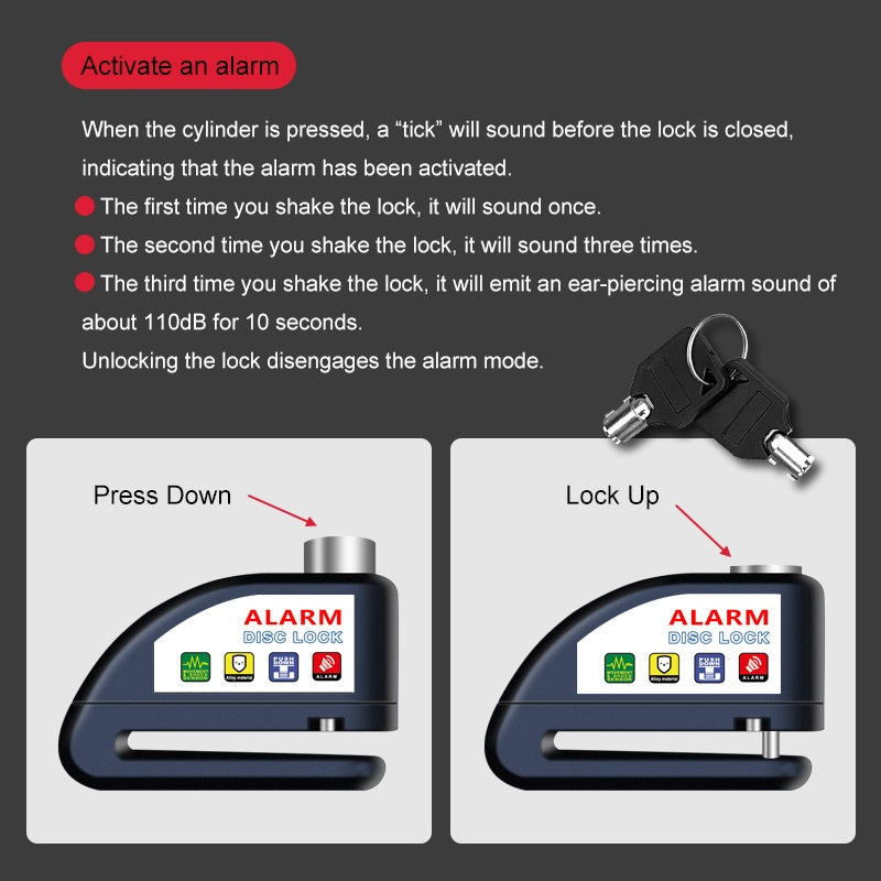 Motorcycle Lock Bicycle Lock Anti-theft Lock Disc Brake Lock Dirt Bike Lock 110dB Alarm System 500mAh Battery USB Charging Complimentary Cable Reminder Rope