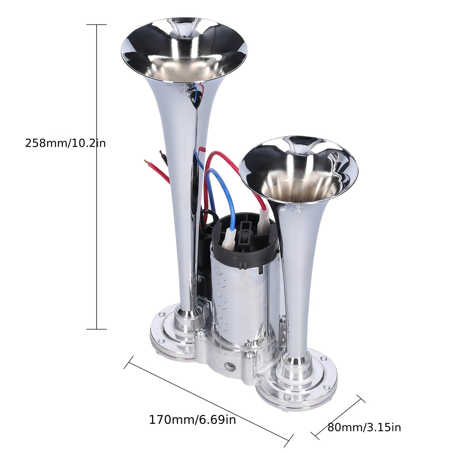 130dB Double Tube Air Horn 12V/24V, Aluminum Alloy Construction with Compressor Included, Super Loud for Trucks, SUVs, Boats, Quick Connect Installation