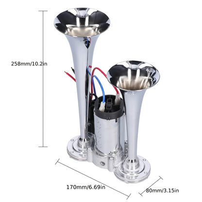 130dB Double Tube Air Horn 12V/24V, Aluminum Alloy Construction with Compressor Included, Super Loud for Trucks, SUVs, Boats, Quick Connect Installation