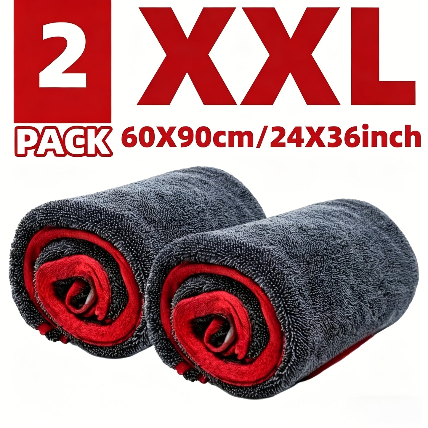 2pcs XXL Extra Large Microfiber Drying Towel With Twist Ring Design - Super Absorbent Thickened Technology Suitable For Cars, Trucks, Boats - Red And Gray Detail Cloth, Professional Look | Highly Absorbent Material
