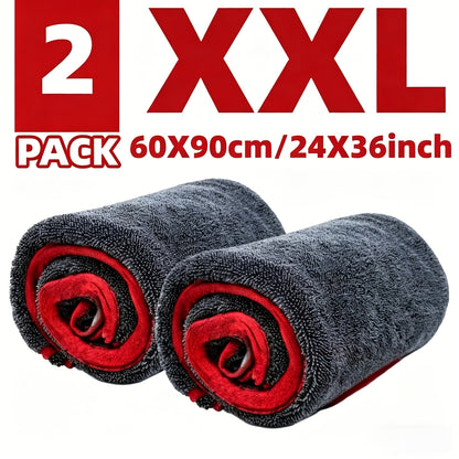 2pcs XXL Extra Large Microfiber Drying Towel With Twist Ring Design - Super Absorbent Thickened Technology Suitable For Cars, Trucks, Boats - Red And Gray Detail Cloth, Professional Look | Highly Absorbent Material