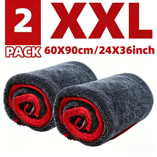 2pcs XXL Extra Large Microfiber Drying Towel With Twist Ring Design - Super Absorbent Thickened Technology Suitable For Cars, Trucks, Boats - Red And Gray Detail Cloth, Professional Look | Highly Absorbent Material