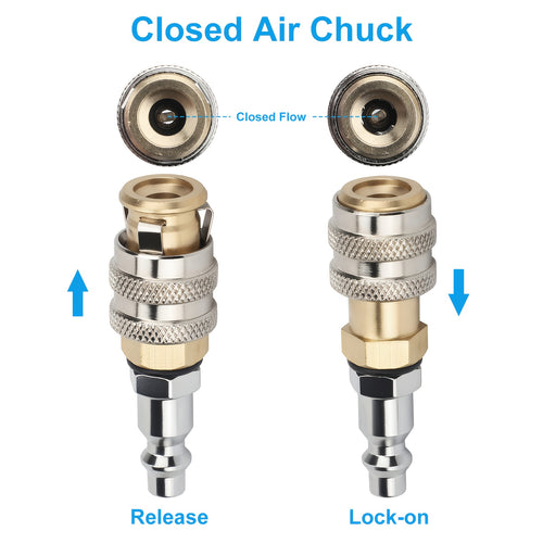 Two Brass Tire Valves with a Closed-End Design, Featuring a 1/4 Inch Female Thread And a Quick-Connect Mechanism, Capable of Handling a Maximum Pressure of 250 PSI. They Are Made from a Durable Alloy And Are Compatible with Cars, Trucks, Bicycles
