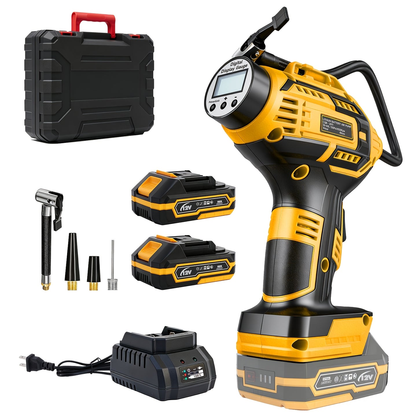 20V Portable Air Compressor, 980kPa Tire Inflator with Digital Display, Powered by NO/One/Two 1500mAh Rechargeable Battery, Includes 12V Car Adapter & Mini USB Connector, for Cars, Motorcycles, Bicycles, and Sports Balls