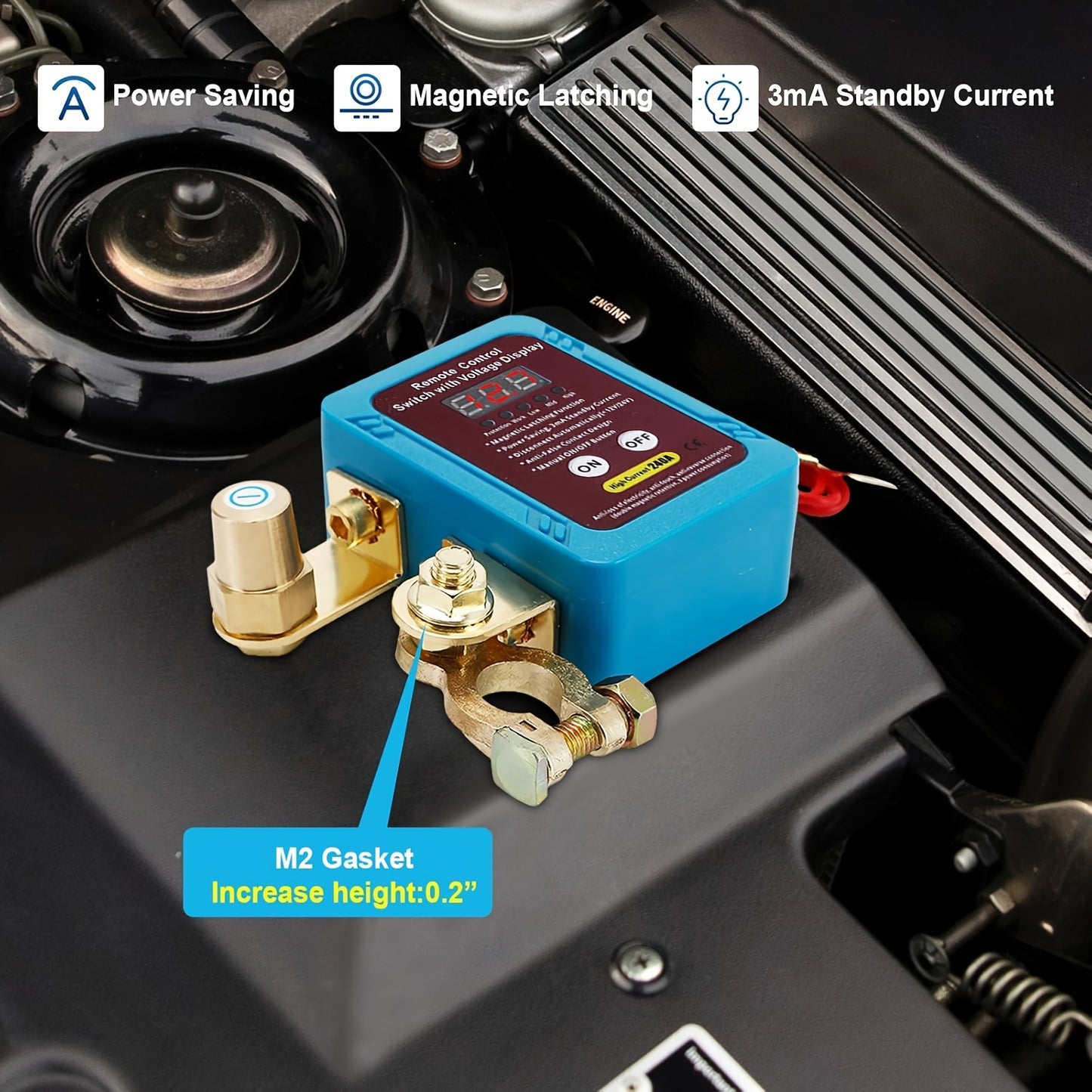 12V 240A Remote Battery Disconnect Switch with Two Remote Controllers, Upgraded Smart Voltage Vehicle Power Cut-Off Switch Featuring Magnetic Lock Design, Anti-Theft and Anti-Misoperation Functions to Prevent Battery Drain, Suitable for Horizontal