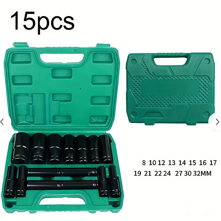 BOURVILL 35/15/10pcs 1/2" Drive Deep Impact Socket Set for Axle Hub Nut, Featuring 6-Point Metric Sizes from 8-32Mm, Made of Cr-Mo Steel, Designed for Heavy-Duty Vehicle Repair And Maintenance